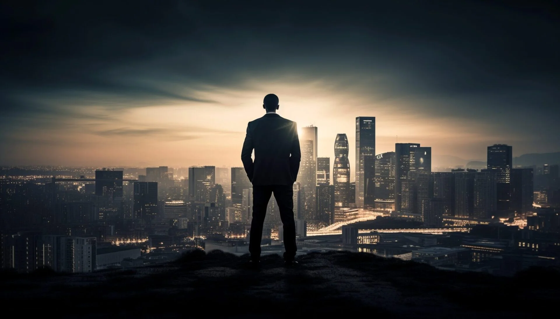City businessman standing on skyscraper, back lit silhouette generated by AI Business Support Main Picture